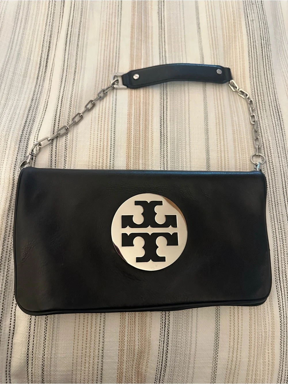Tory Burch Black Leather Clutch with Silver Logo Medallion